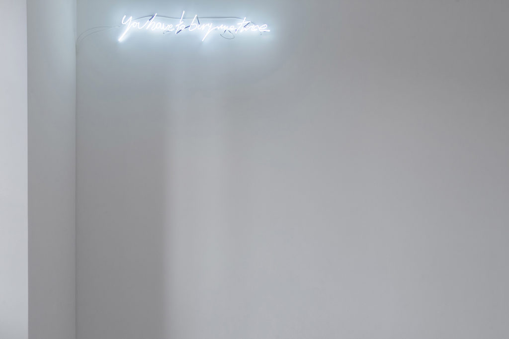 “You have to bury me twice”, 2018, white cold neon, 100x25cm, - Davide Sgambaro -"ph. Natalia Trejbalova"