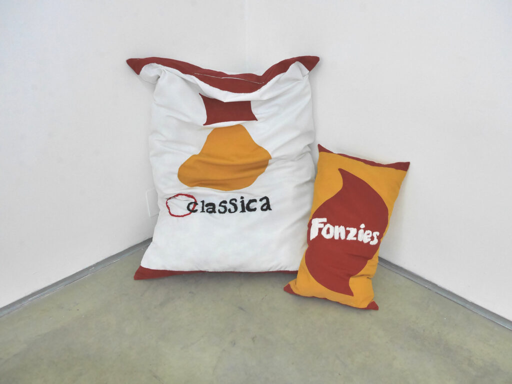 San Carlo e Fonzies - tela antimacchia , imbottitura di poliestere, filo di cotone - installation views at Associazione Barriera - Federico Caputo - 2019 - courtesy of the artist