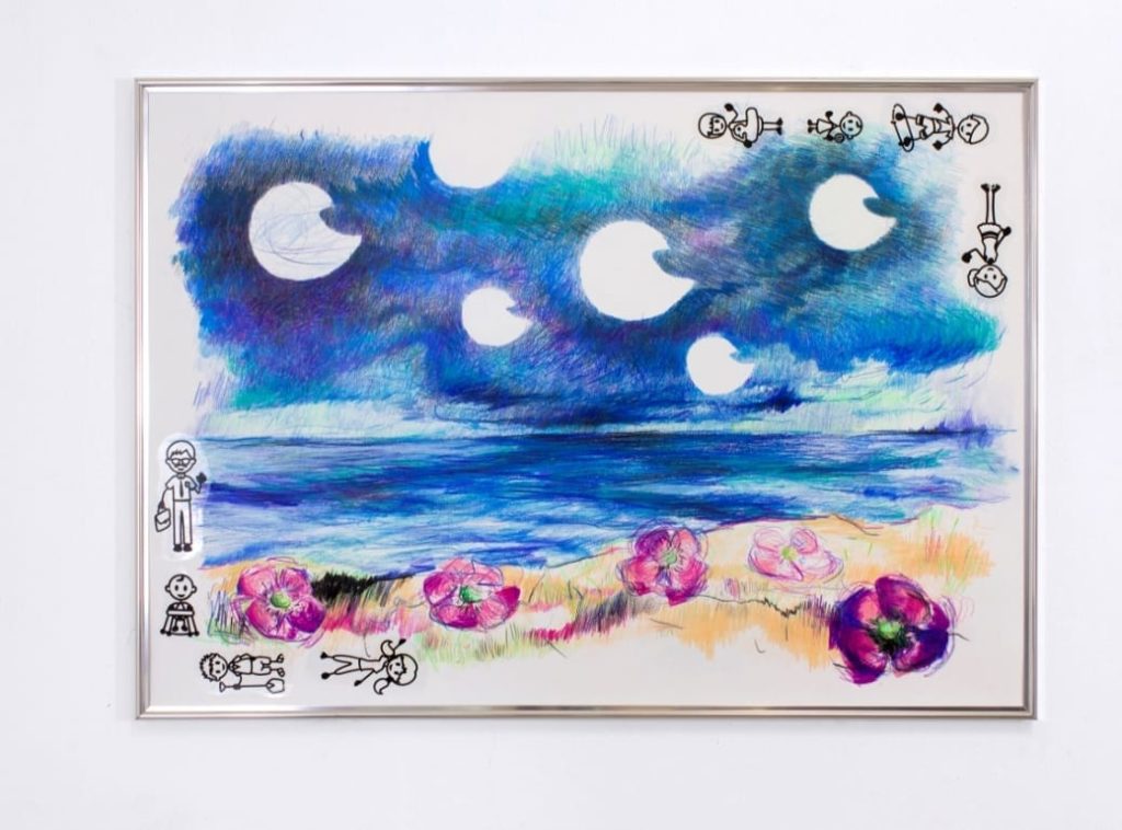 Familiar pics: Tinderscape, 2019, pastello, adesivi su carta, cornice in vetro e alluminio, 50x70 cm - Luca Staccioli - courtesy of the artist