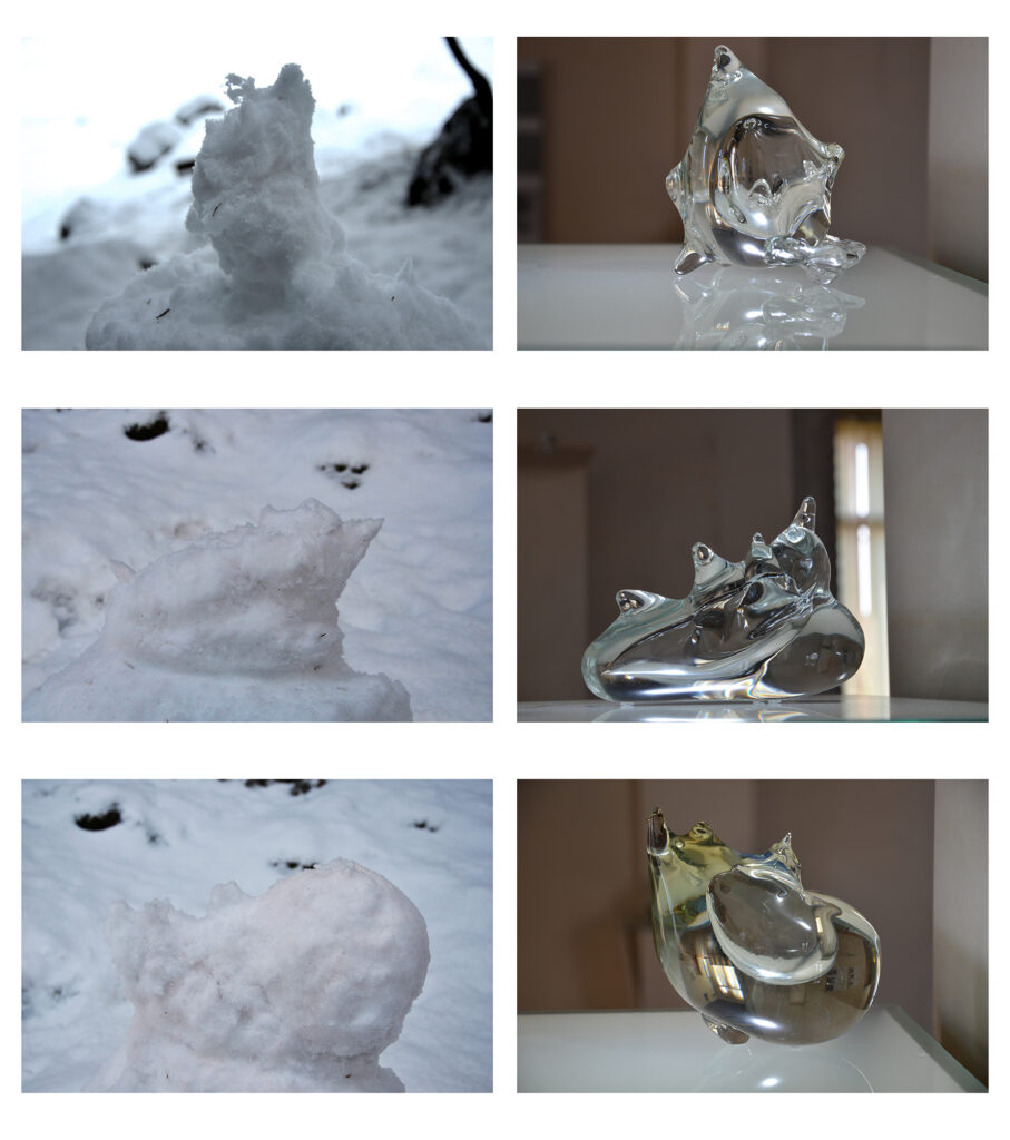 Neve/ Trasposizioni di Luce, 2017 - Vetro di murano soffiato e lavorato a massa, stampa fotografica. Misure: 12,5 x 16 x 8 cm 16 x 14,5 x 11 cm 12 x 11 x 9 cm Stampa fotografica Fine Art certificata: 3 pannelli 42 x 59,4 cm - Miriam Montani - courtesy of the artist