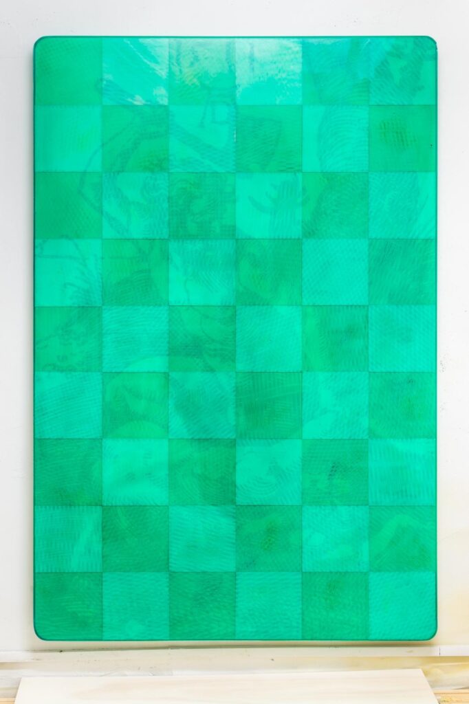 Erik Saglia, “Caino e Abele verde, 2020”, Spray, paper tape, oil pastel and epoxy resin on panel,120 x 180 x 5 cm and detail Erik Saglia — Thomas Brambilla gallery - courtesy of the artist